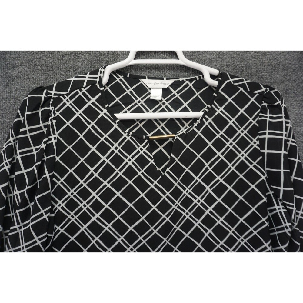 Christopher & Banks Blouse Large Black White Grid V-Neck Roll Tab Sleeve